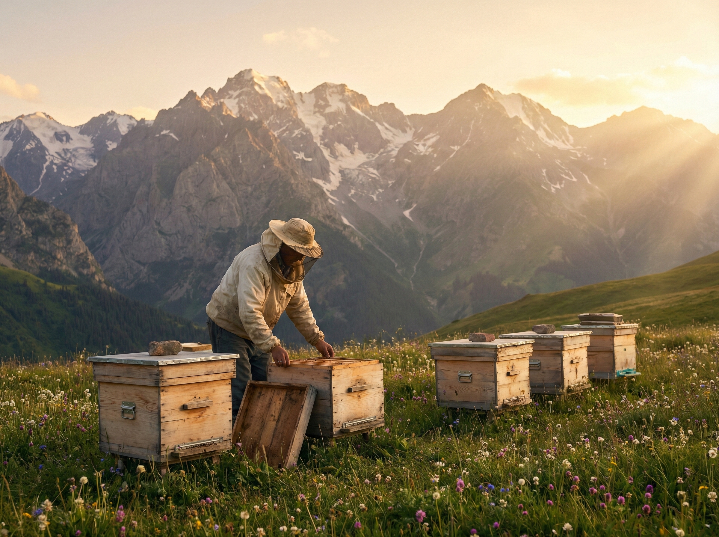 Apiculteur récoltant du miel artisanal dans les montagnes du Kirghizistan pour Parfum Mielleux