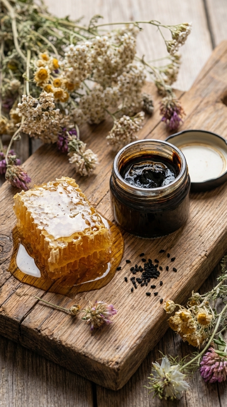 Rayon de miel brut, pot de résine de Shilajit et graines de nigelle disposés sur une planche en bois naturel.
